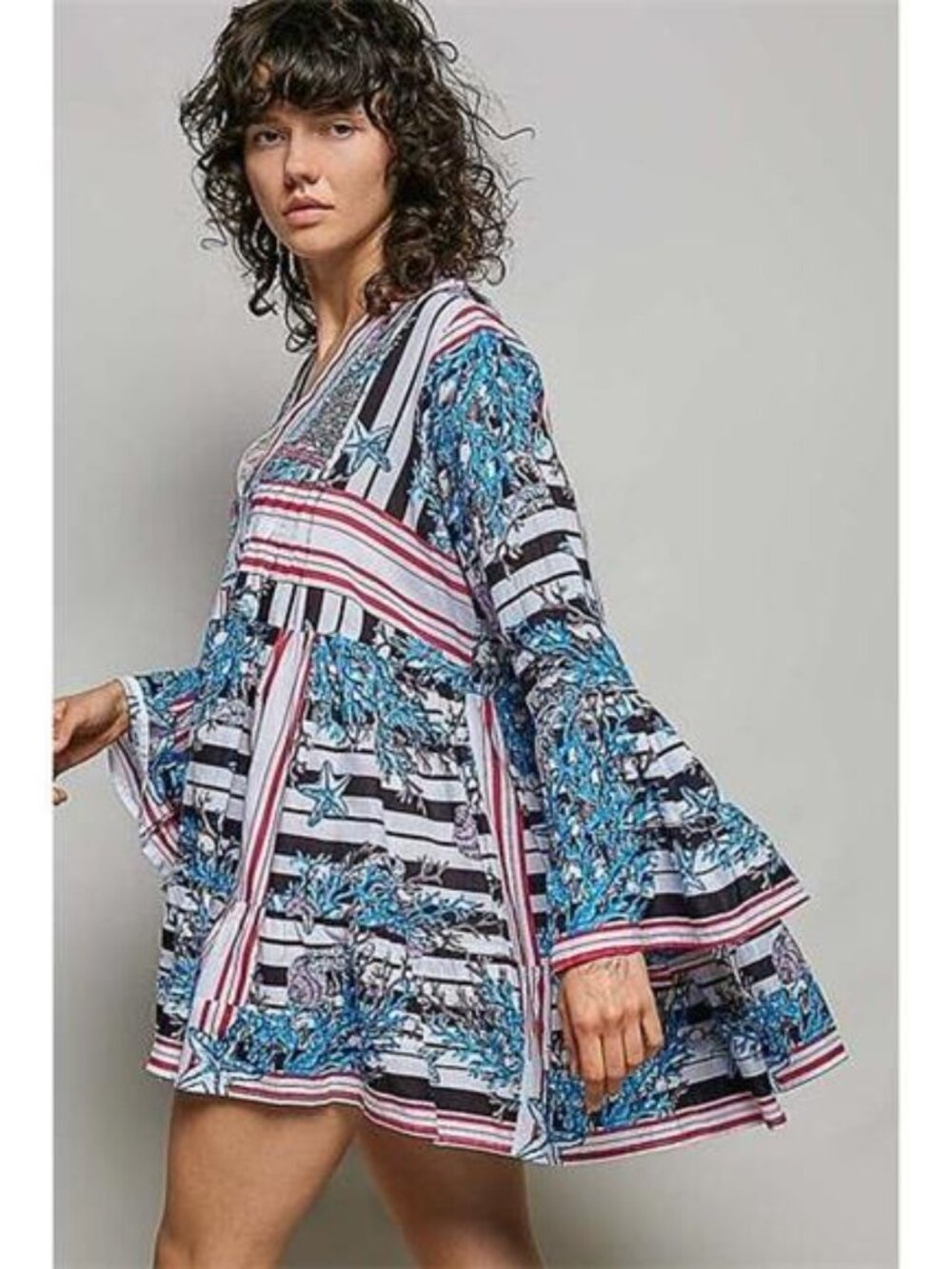 POL Striped Floral Long Sleeve Mini Dress with Pintuck Detail - Picture 4 of 7